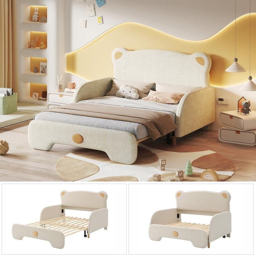 Sweiko Kinderbed in Beervorm Gestoffeerd bed Tweepersoonsbed Dagbed Uitschuifbaar bed met zachte beschermende randen met houten latten fluweel Beige (140x110cm&140x200cm)