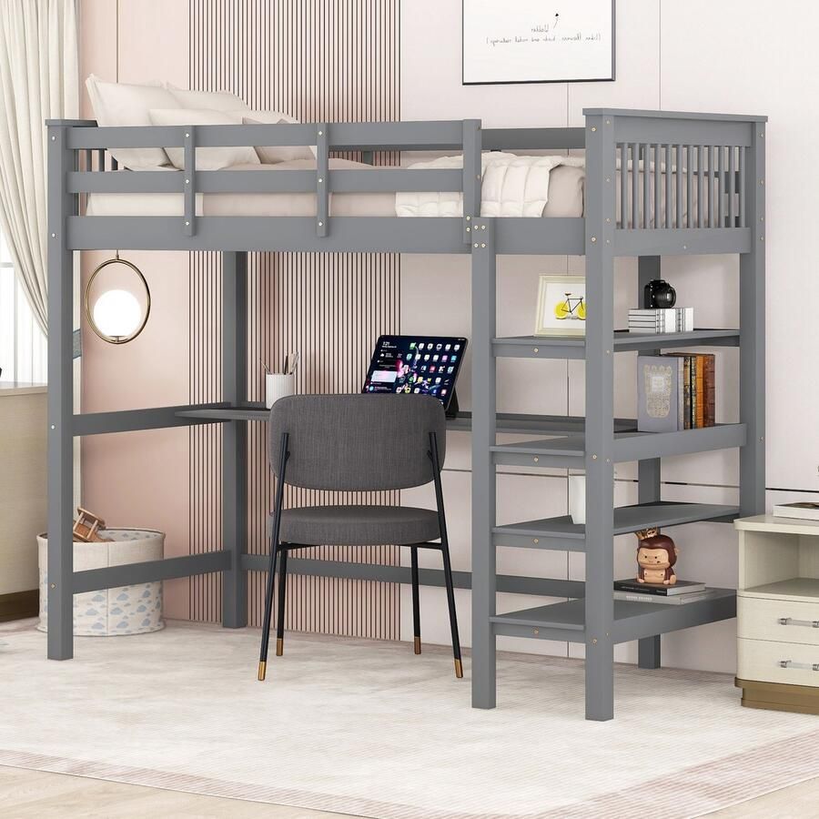 Sweiko Kinderbed Kinderloft bed met Opbergvakken en Bedbureau 90 x 200cm Grijs.(Zonder stoelen)