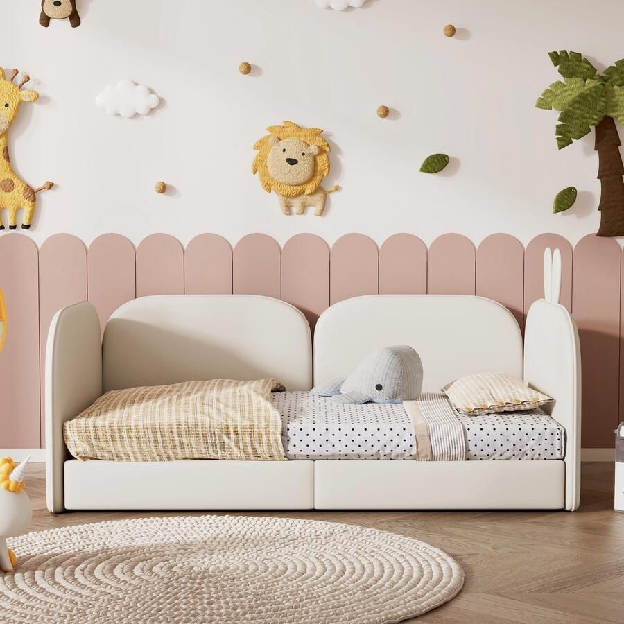Sweiko Kinderbed Konijn Hoofdeinde Slaapbank Kussen bed Babywieg inclusief 3-zijden Slaapbank Fluweel Beige 90x200cm (Zonder matras)