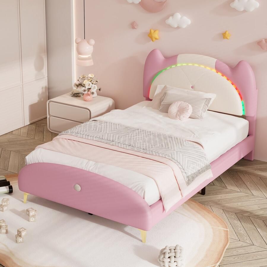 Sweiko Kinderbed Kussen bed Wieg met Houten Strips Massief hout en ijzeren frame LED strepen Zacht spons PU leermateriaal Beige+Roze 90x200cm Eenpersoonsbed Wieg (Zonder matras)