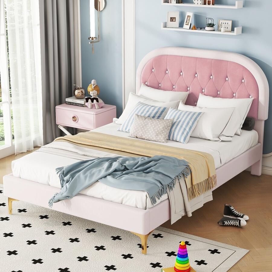 Sweiko Kinderbed Kussenbed 140x200cm bed met Flat noedles frame (Zonder matras) bed met metalen voetjes Gebogen hoofdeinde fluweel Minimalistisch Roze