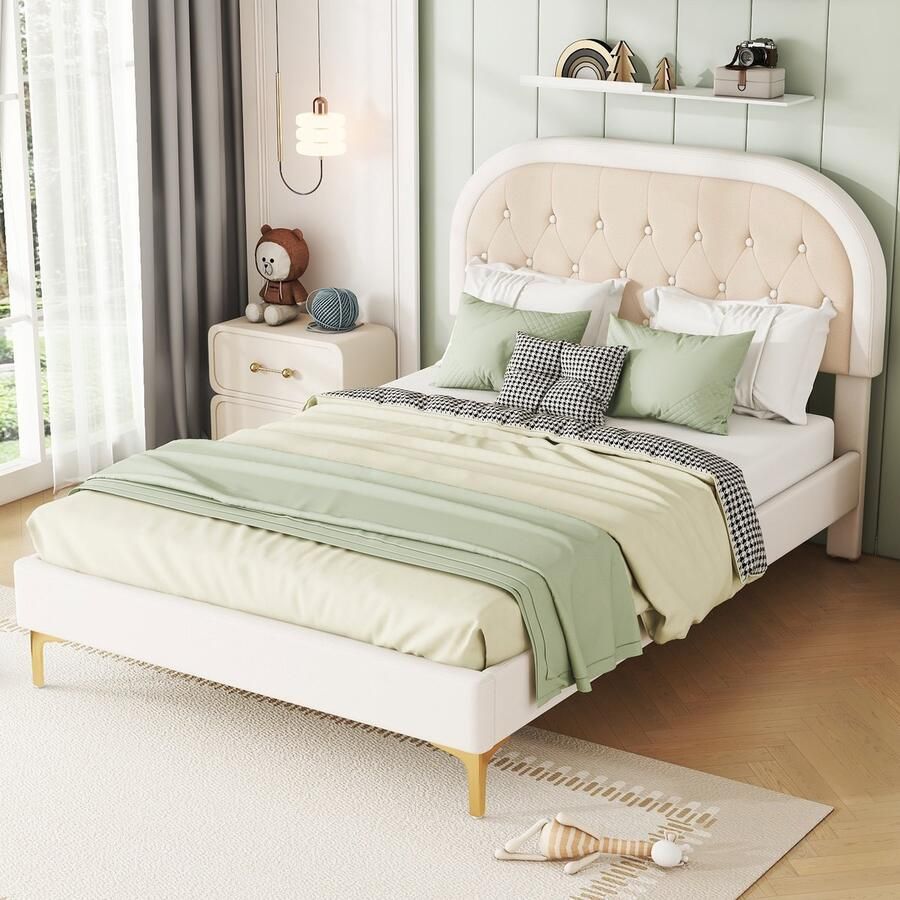 Sweiko Kinderbed Kussenbed 140x200cm bed met Flat noedles frame (Zonder matras) bed met metalen voetjes Gebogen hoofdeinde fluweel Minimalistisch Beige