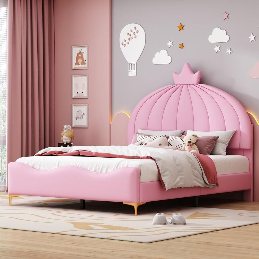 Sweiko Kinderbed Kussenbed 140x200cm Cartoon Hoofdbord met slingerleuning Minimalistisch boogontwerp kunstlederen stof hoge metalen voetjes met platte noedelsvoet jongens- en meisjesbedden Roze (Geen matras)