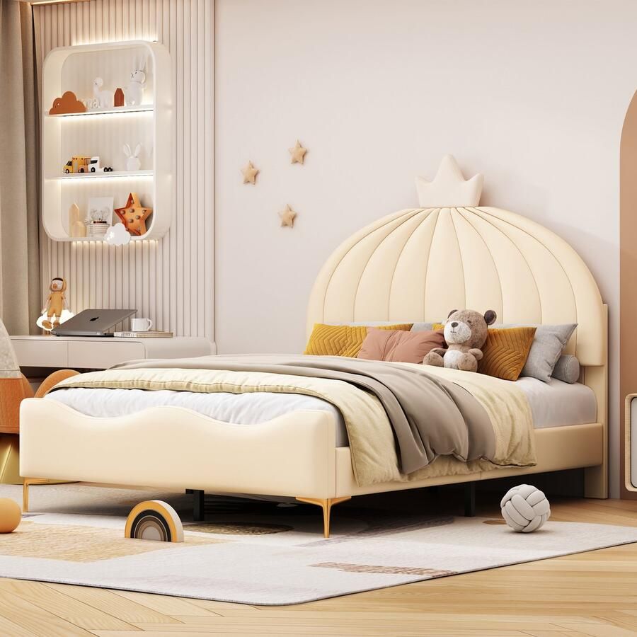 Sweiko Kinderbed Kussenbed 140x200cm Cartoon Hoofdbord met slingerleuning Minimalistisch boogontwerp kunstlederen stof hoge metalen voetjes met platte noedelsvoet jongens- en meisjesbedden Beige (Geen matras)