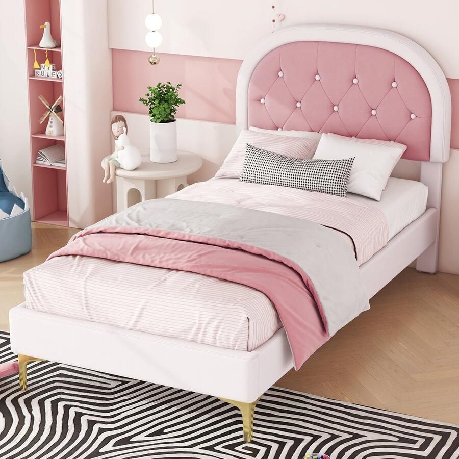 Sweiko Kinderbed Kussenbed 90x200cm bed met Flat noedles frame (Zonder matras) bed met metalen voetjes Gebogen hoofdeinde fluweel Minimalistisch Roze