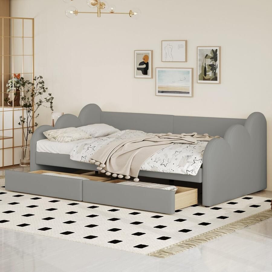 Sweiko Kinderbed Kussensbed 90x200cm Slaapbank Multifunctioneel bed met Rugleuning en armleuningen met 2-lades kunstlederen stof Grijs (Geen matras)