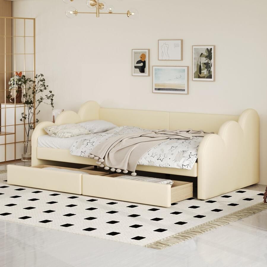 YJZQ Gestoffeerd eenpersoonsbed met 2 lades fluwelen slaapbank 90*200cm met lattenbodem jeugdbed en volwassen kinderbed beige (zonder matras)