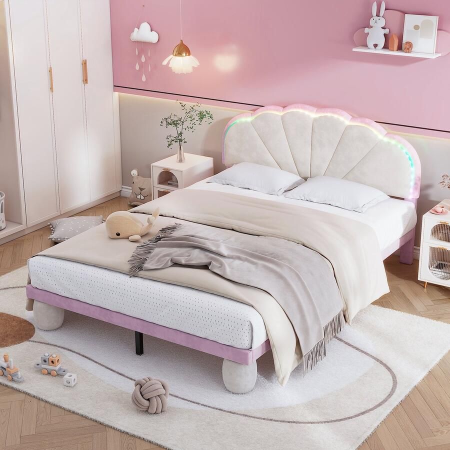 Sweiko Kinderbed Lief meisjesbed Gestoffeerd bed met veelkleurige Afwisselende lichte strepen Hoofdbord met geschulpte rand met gestoffeerde ronde poten met houten lattenbodem Tweepersoonsbed fluweel Beige+Roze 140x200cm