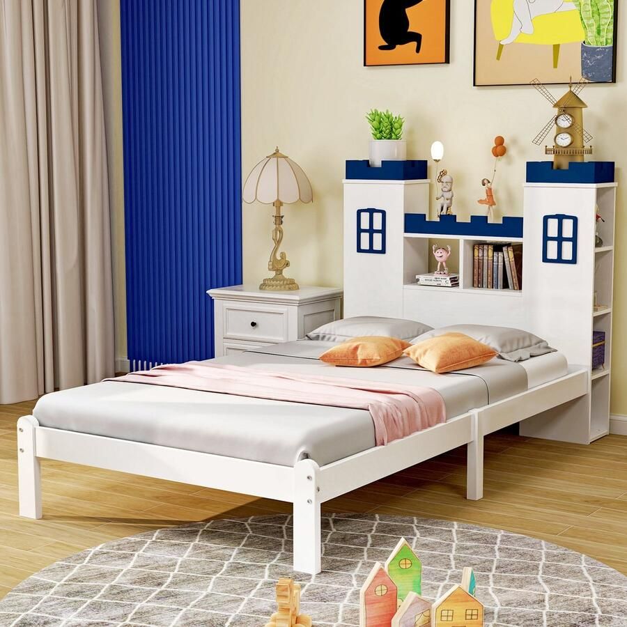 Sweiko Kinderbed Massief houten bed 90x200cm Kasteelvorm Opbergvakken Vlak noedelsframe wieg jeugdbed eenpersoonsbed Wit (Zonder matras)