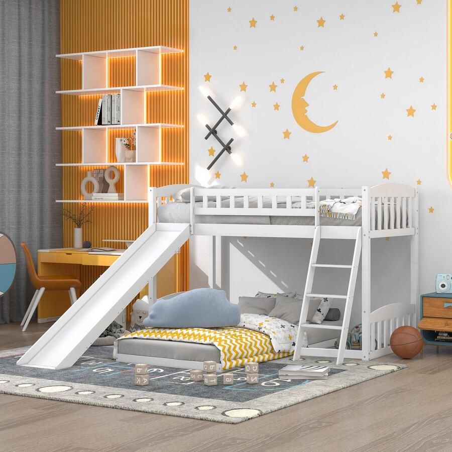 Sweiko Kinderbed met Glijbaan 90 x 200 cm Tweepersoonsbed met reling frame massief dennenbed met plat noedelsframe Wit