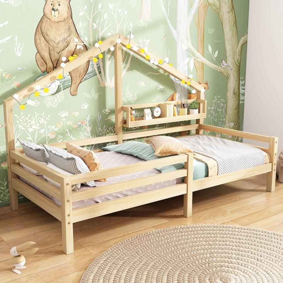 Sweiko Kinderbed met Planken Familiebed 90x200cm met opbergrek Beschermende leuning Natuurlijke kleur (excl. matras)