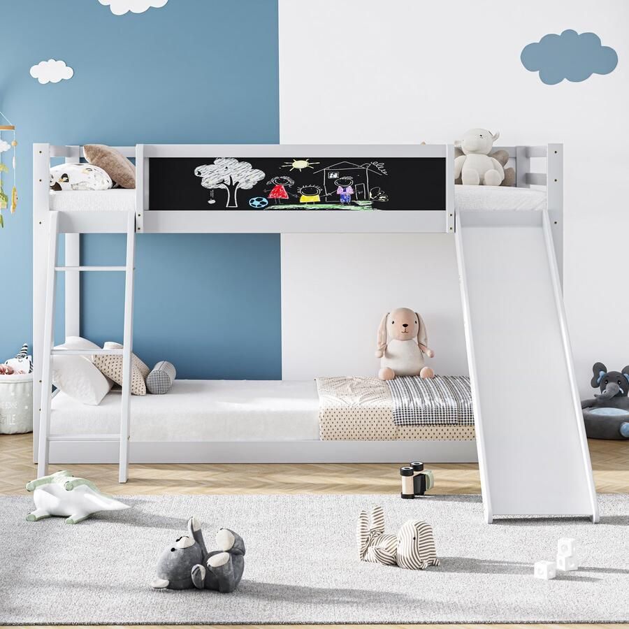 Sweiko Kinderbed met Trap en Glijbaan (200x90cm) bed met hek bed met Kinderschrijfbord milieuvriendelijk massief hout Wit (Geen matras) - Foto 2
