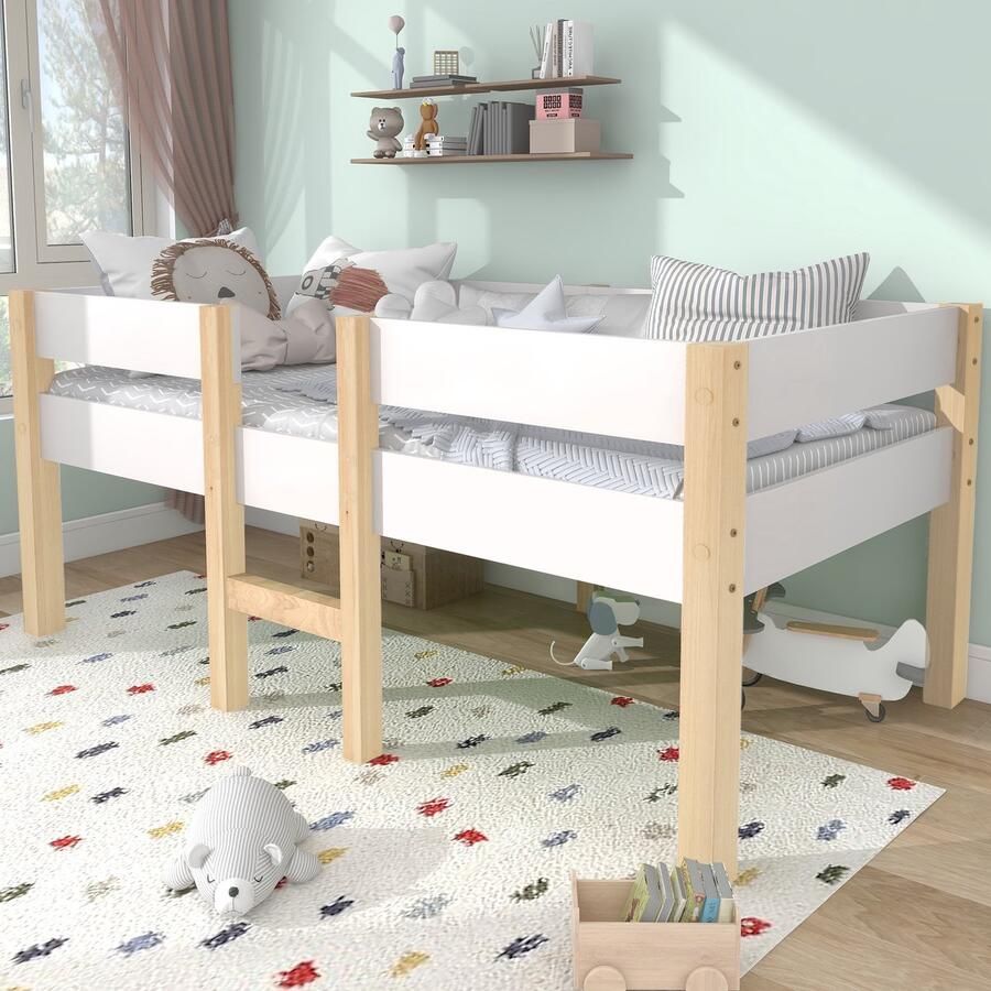 Sweiko Kinderbed met valbescherming dennen massief hout 90x200 cm Wit en eiken