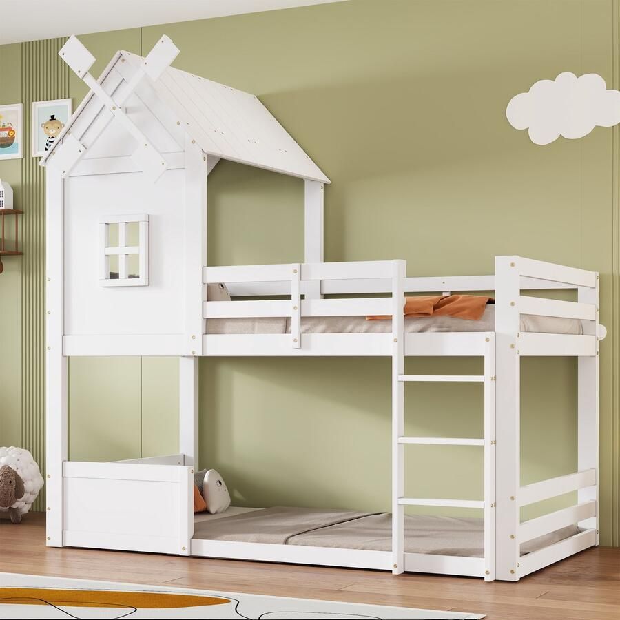 Sweiko Kinderbed met Windmolen 90x200cm Wieg met dak en raam met anti-valrooster met drie niveaus ladder dennen+MDF Wit