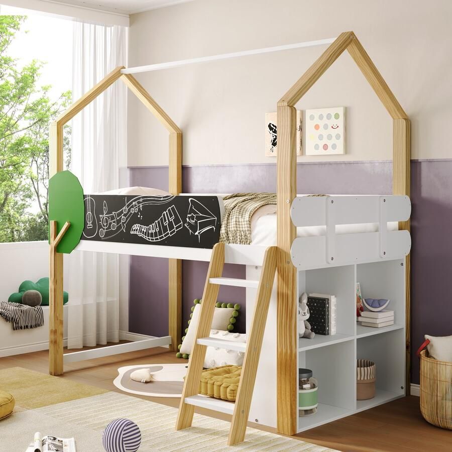 Sweiko Kinderbed Multifunctioneel bed Eenpersoonsbed met Boomvormige Graffiti bord ladder beweegbare opbergkast opbergruimte Geen matras 90x200cm Natuurlijke Witte kleur