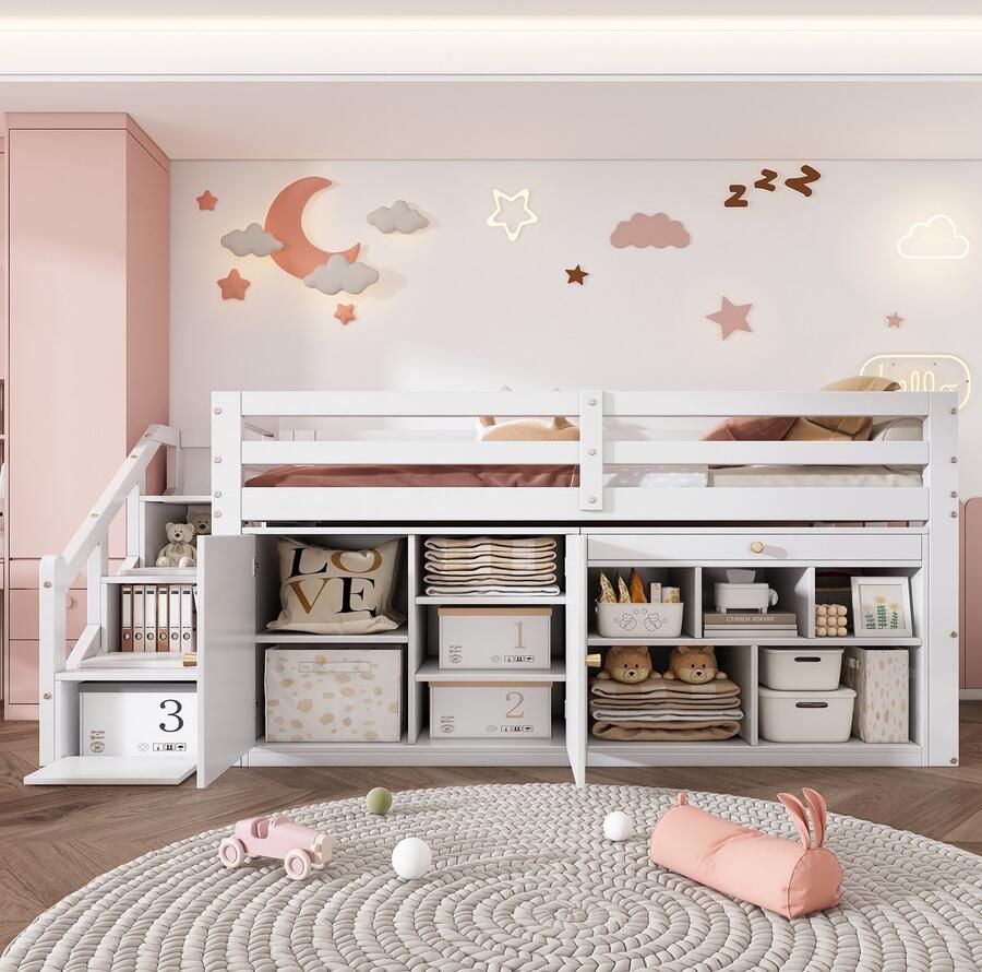 Sweiko Kinderbed Multifunctioneel Houten bed met trap en Opbergruimte Trap kasten aan beide zijden verwisselbaar laden omkeerbaar te gebruiken als bureau Geen matras 90x200cm Wit - Foto 2