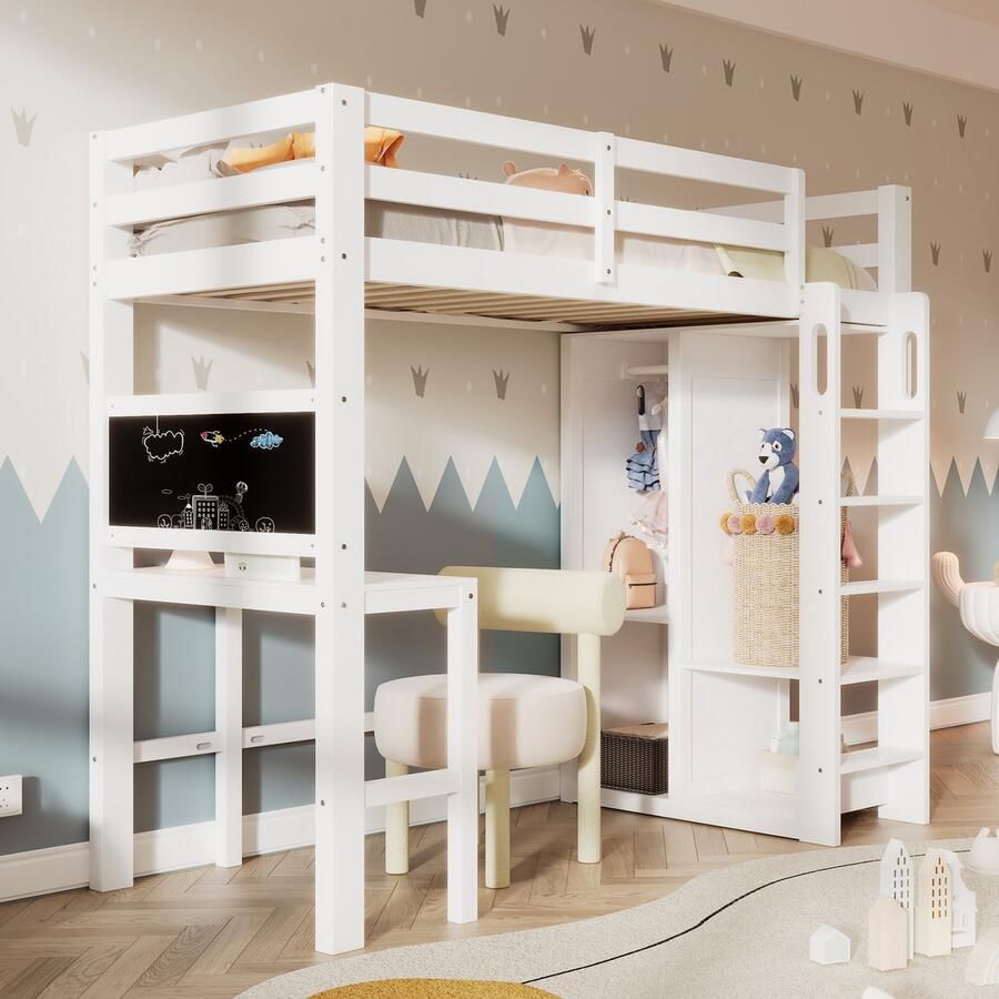 Sweiko Kinderbed Penthouse bed met bureau Open kast en plank Babybedje met Vlak noedelsframe en anti-valbeveiliging Eenpersoonsbed ligvlak 90x200 cm-109x206x184cm (B x L x H) Wit(Geen stoel)
