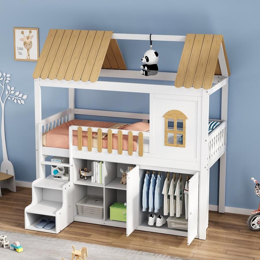 Sweiko Kinderbed Ruime bergruimte Met garderobe Ramen Dennenframe Schoenkast Veiligheidstrap houten bed stevige leuning minimalistisch design Wit+Natural 90x200cm (Geen matras)