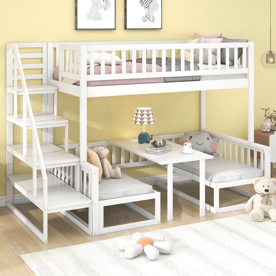 Sweiko Kinderbed Ruimtebesparend stapelbed met trap met verstelbare tafel met houten bank Robuust dennenframe Wit (90x200cm&120*200cm)