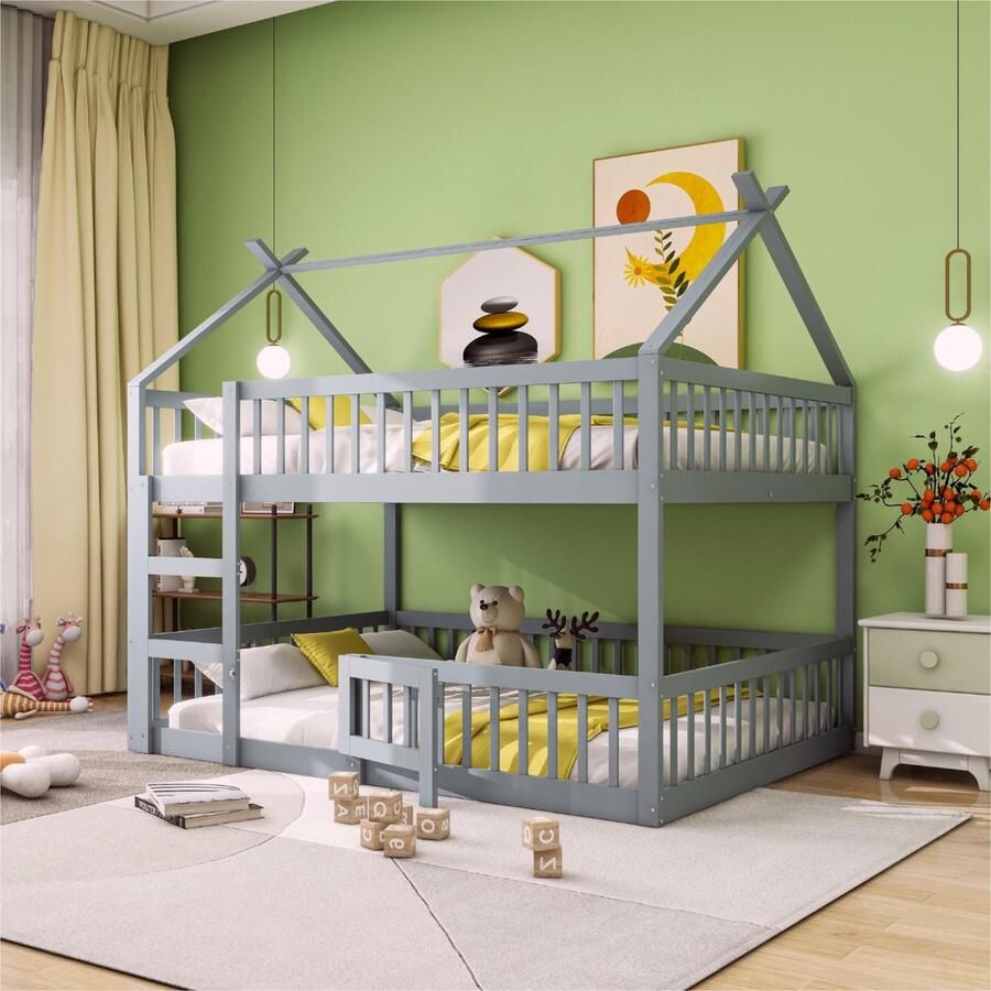 Sweiko Kinderbed Stapelbed 140*200cm Kinderfamiliebed Stapelbed met trap Loft ontwerp Massief houten Stapelbed Grijs