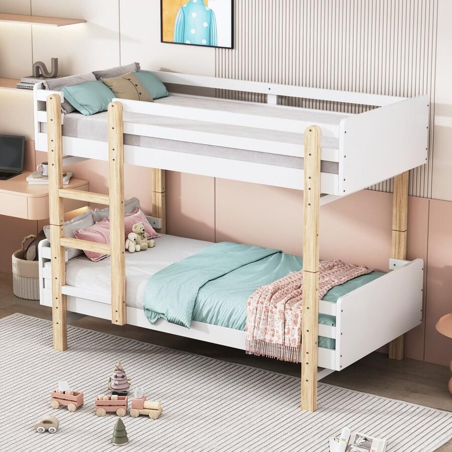 Sweiko Kinderbed Stapelbed 90 x 190cm massief houten bedframe ombouwbaar in twee plateau bedden Wit en Natuurlijk