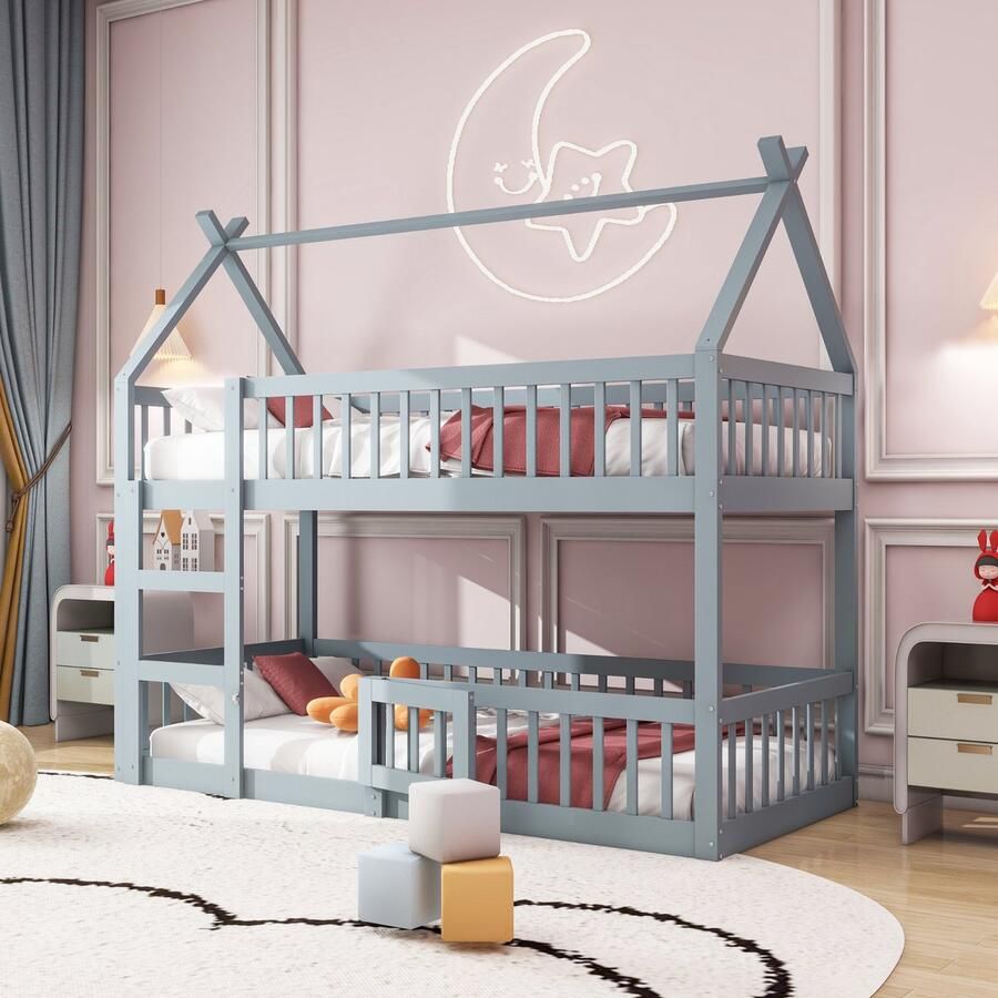Sweiko Kinderbed Stapelbed 90*200cm Kinderfamiliebed Stapelbed met trap Loft ontwerp Massief houten Stapelbed Grijs