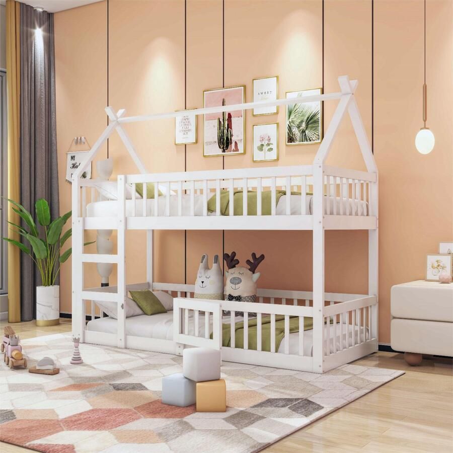 Sweiko Kinderbed Stapelbed 90*200cm Kinderfamiliebed Stapelbed met trap Loft ontwerp Massief houten Stapelbed Wit
