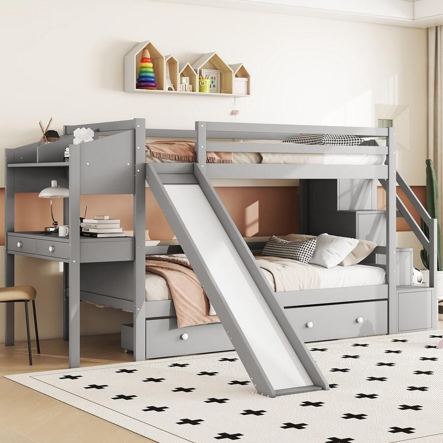 Sweiko Kinderbed Stapelbed 90*200cm Massief hout met Glijbaan Multifunctionele Tafel Opbergladder 2 opbergvakken onder het bed Veelzijdig Grijs