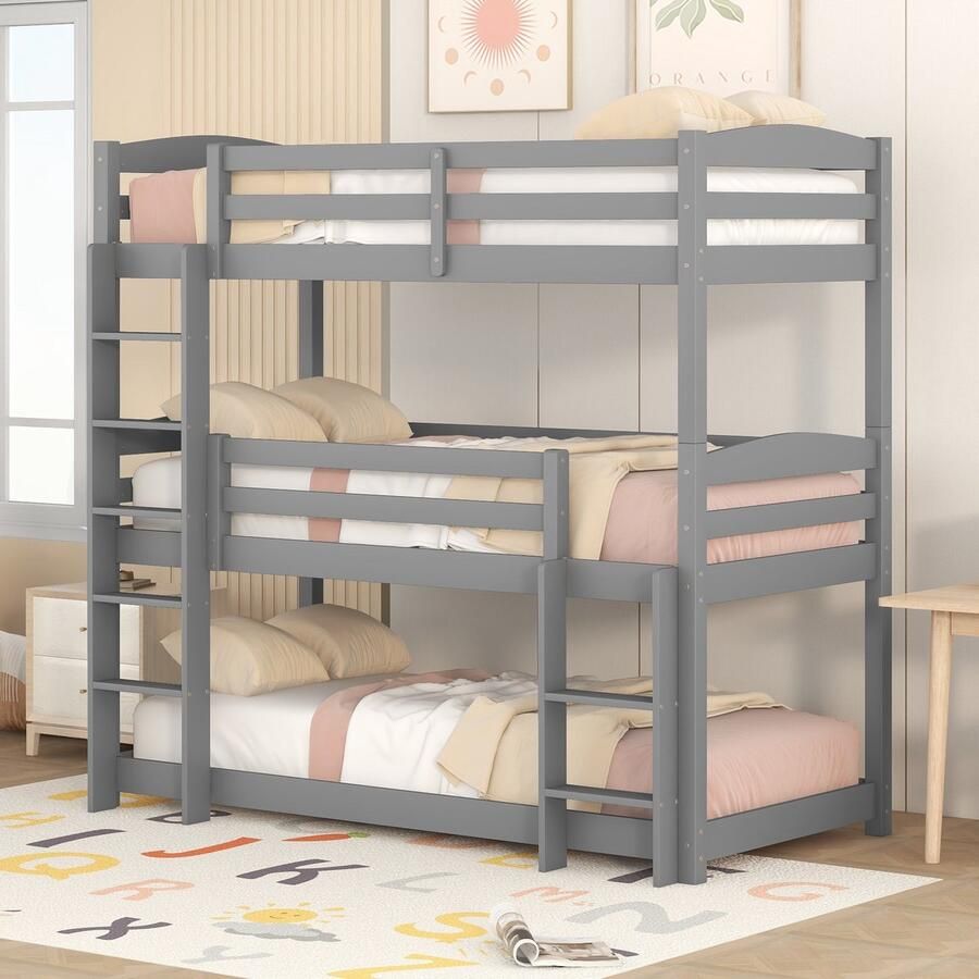 Sweiko Kinderbed Stapelbed Afneembaar en Samengevoegd houten bed 3 bedden met twee trappen ruimtebesparend Grijs (90*200cm)
