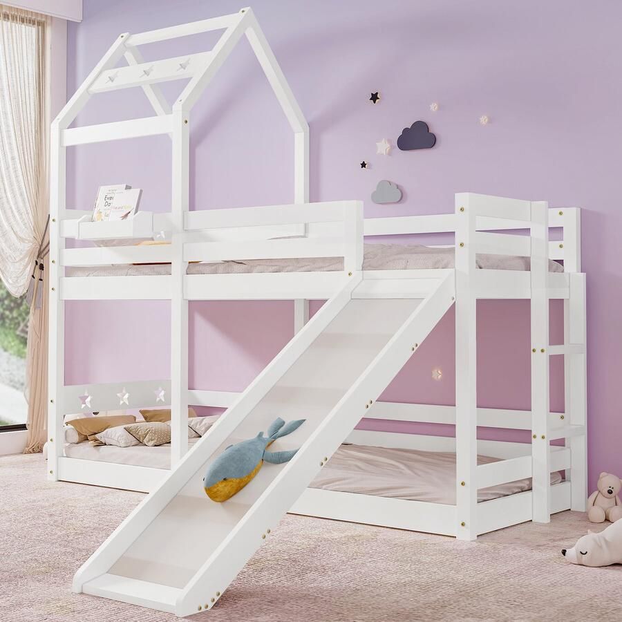 Sweiko Kinderbed Stapelbed boomhut bed met glijbaan ladder 90 x 200 cm 2 Platte noedelslijsten Wit