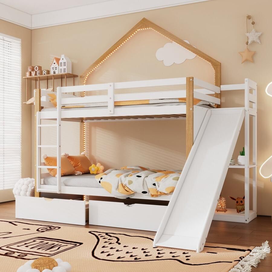 Sweiko Kinderbed Stapelbed LED Koudlichtstrip Twee Lades Vier rechte treden bedbodemlade met schuifrail babybedje met dak en raam houten bed familiebed dennenhout+MDF Wit+Natural 90x200cm