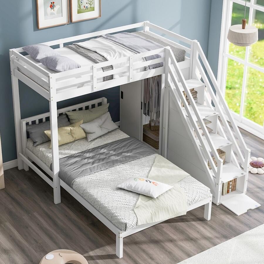 Sweiko Kinderbed Stapelbed met Garderobe 90x200cm+120x200cm Multifunctionele Wieg Bergtrap Grote bergruimte geen matras massief hout+medium density vezelplaat Wit