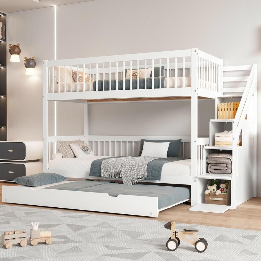 Sweiko Kinderbed Stapelbed met Opklapbed Babybedje met ladderkast en armleuningen omgeven door valroosters denne+MDF Wit 90x200 190cm (Geen matras)
