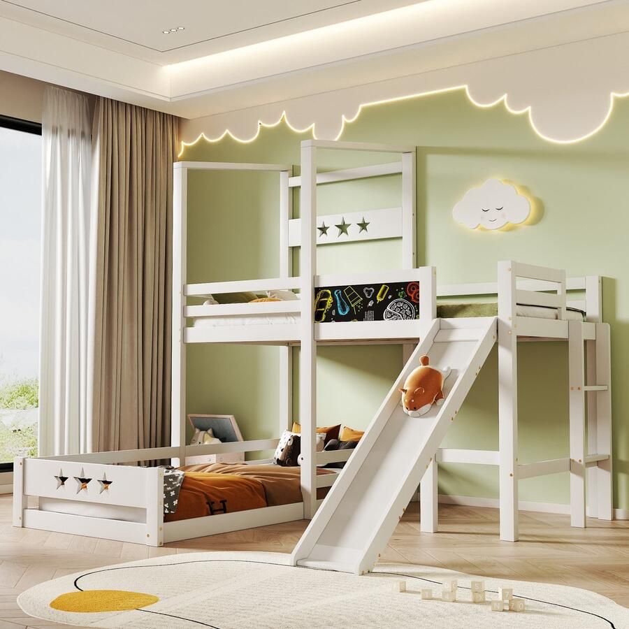 Sweiko Kinderbed Stapelbed met schoolbord en glijbaan Stapelbed met ladder 90x200 cm Eenpersoonsbed met valbeveiliging Houten kinderbed 2x lattenbod Wit