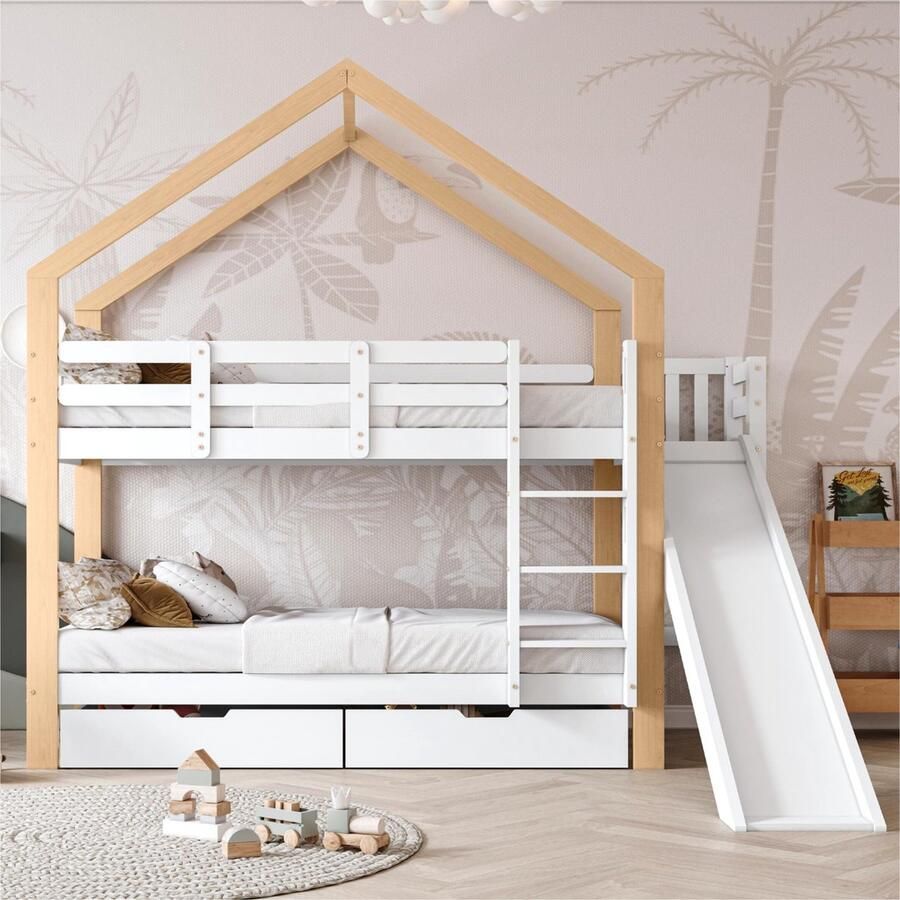 Sweiko Kinderbed Stapelbed met schuif en drietraps hoekladder Huisbed met valbeveiliging en 2-laden bedframe van massief hout Wit en naturel 90x200 cm