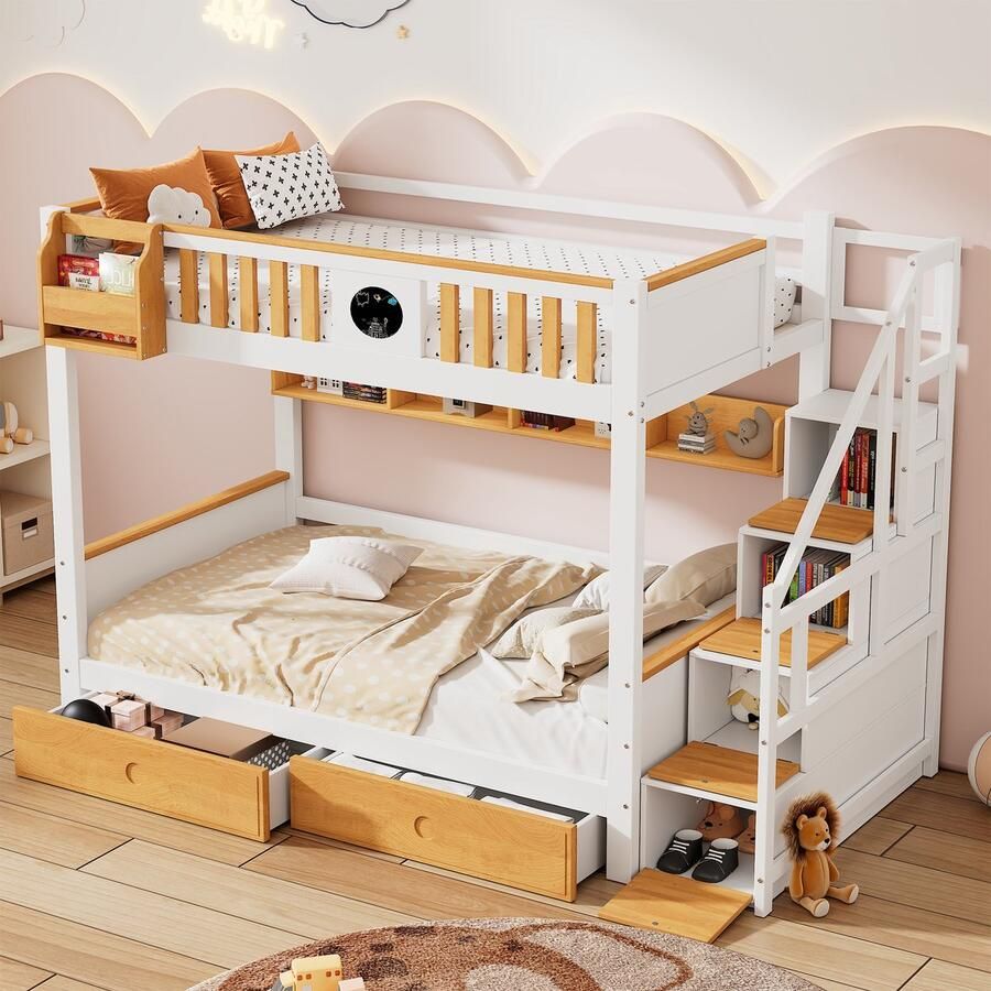 Sweiko Kinderbed Stapelbed met Trap Ruime Opbergruimte Grenen en medium density fiberboard frame babywieg met 4 opbergkasten op de trap anti valrooster en 2 lades open plank Wit+Natural 90x200cm (Geen matras) - Foto 2