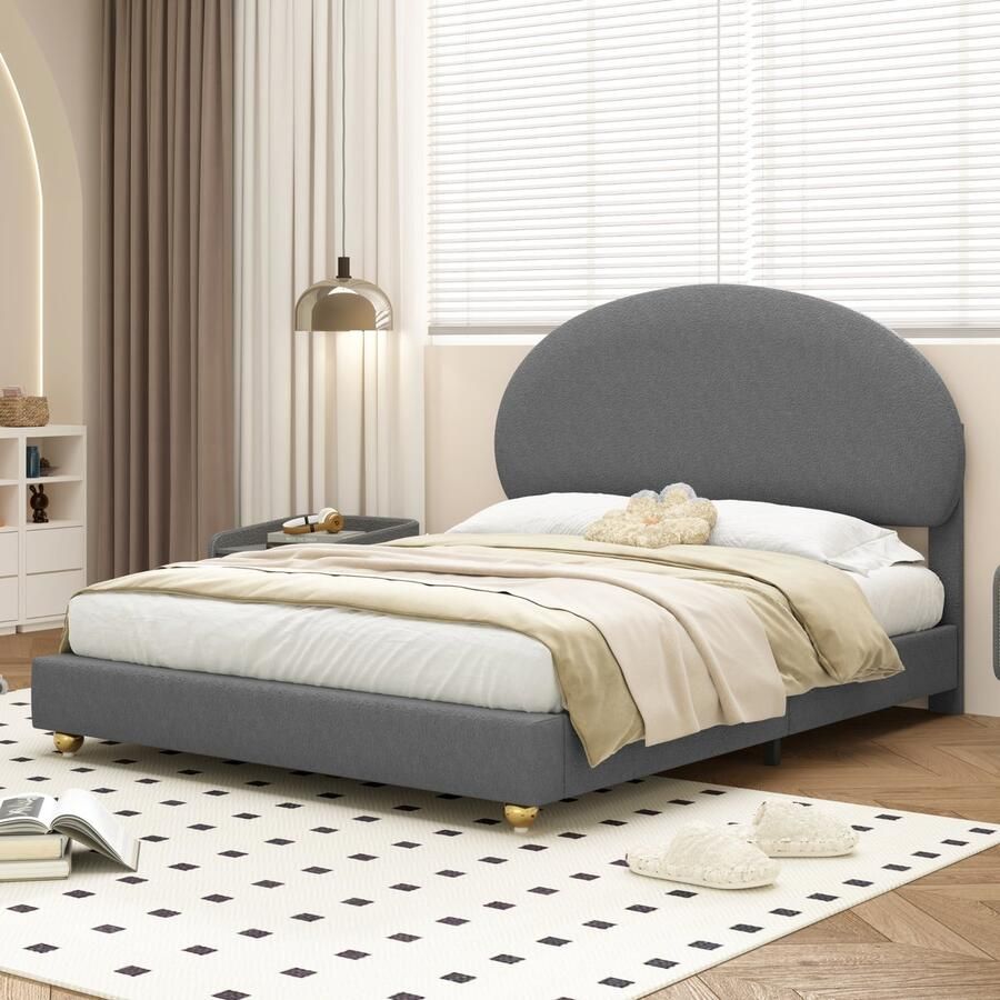 Sweiko Kinderbed Teddy Fluwelen Kussenbed 140x200cm Dubbel Matras Bed met Boogkop en Platte Noodle Base Grijs