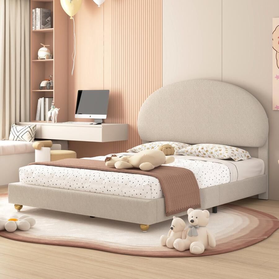 Sweiko Kinderbed Teddy Fluwelen Kussenbed 140x200cm Tweepersoonsbed kussenbed met booghoofd en Platte noedelsvoet Beige