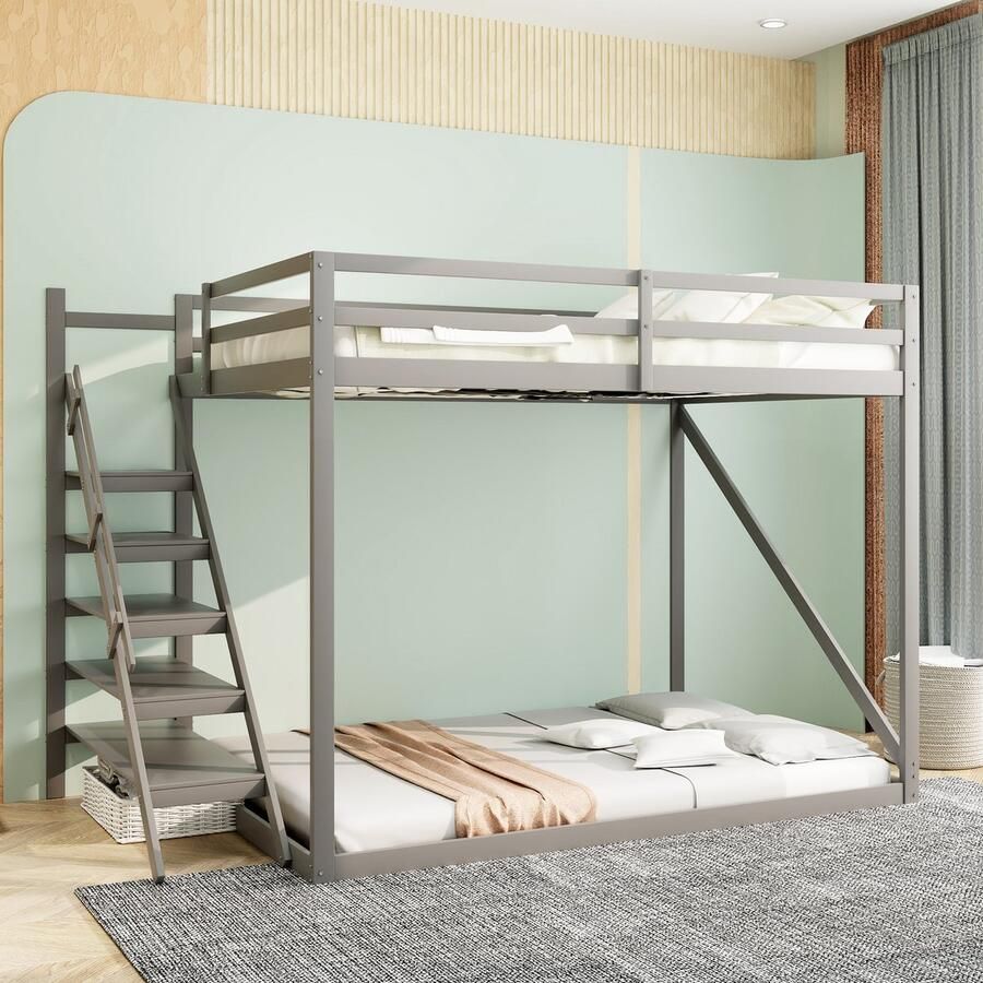 Sweiko Kinderbed Tweepersoonsbed 140x200 met Veiligheidsladder Tweepersoonsbed van massief hout met plat noedelsframe geschikt voor kinderen tieners en volwassenen Grijs (zonder matras)