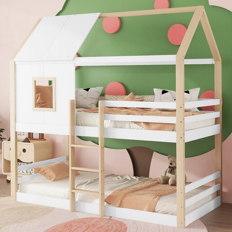Sweiko Kinderbed Tweepersoonsbed 90x200cm Huisstijl Wieg met ladder en vensterbank bed met plat noedelsframe (Zonder matras) Dennen Minimalistische stijl Natuurlijk