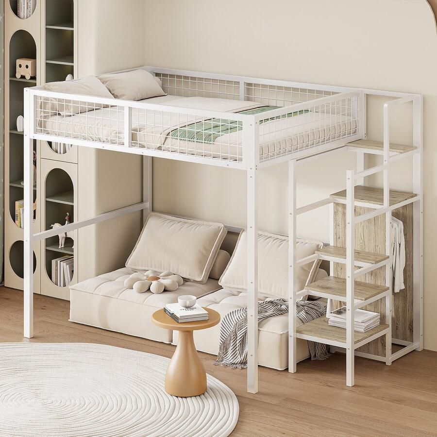 Sweiko Kinderbed Verhoogd bed 140x200cm Stapelbed met ladder babywieg met ijzeren frame en opbergrek kledingkast Wit (Geen matras)