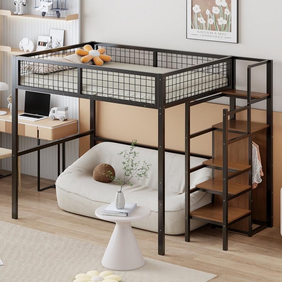 Sweiko Kinderbed Verhoogd bed 140x200cm Stapelbed met ladder babywieg met ijzeren frame en opbergrek kledingkast Zwart (Geen matras)