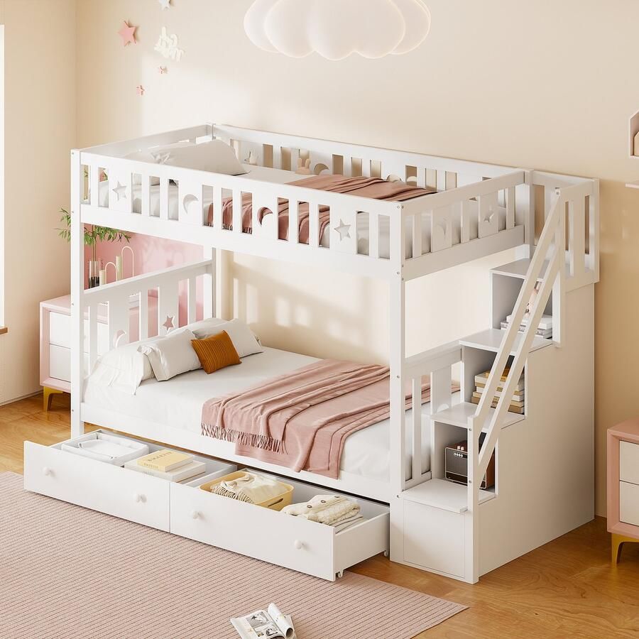 Sweiko Kinderbed Wieg 90x200 cm Massief Houten Tweepersoonsbed met veiligheidstrap bergtrap twee grote lades en plat noedelsframe Wit (Geen matras) - Foto 2