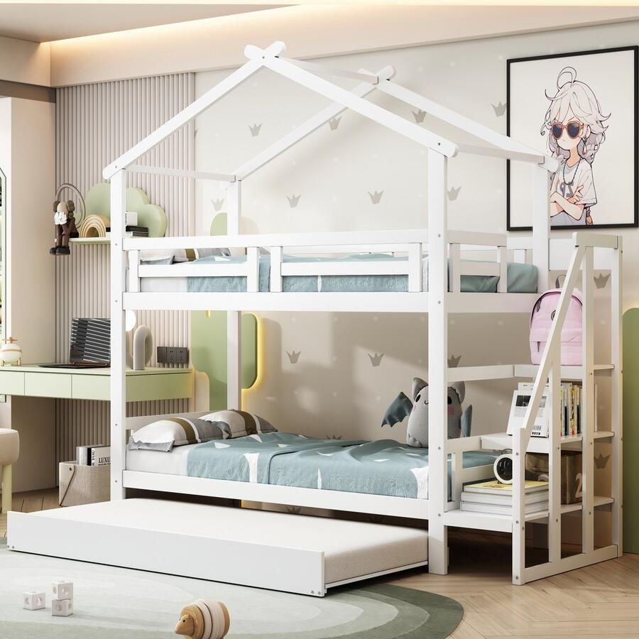 Sweiko Kinderbed Wieg 90x200cm Massief Houten Tweepersoonsbed met opbergruimte en veiligheidsladder met trekbank Vlak noedelsframe Wit (Zonder matras)