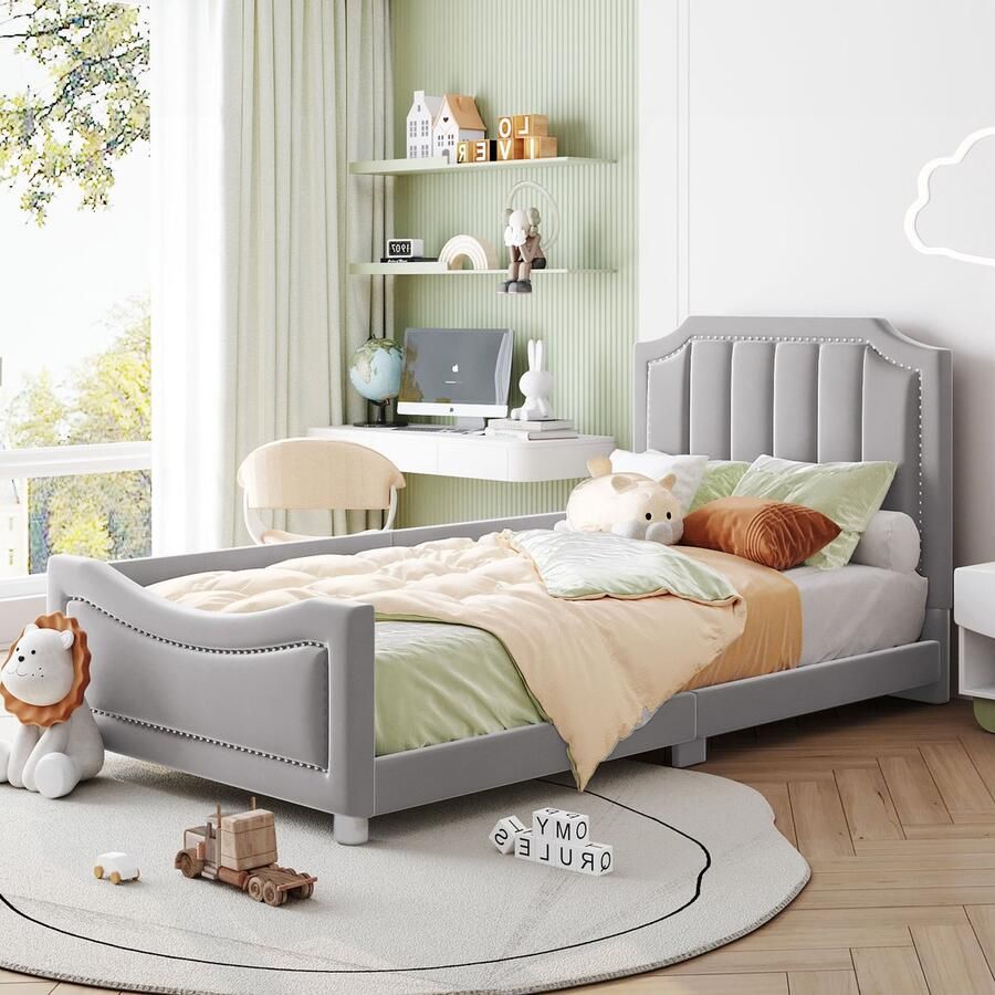 Sweiko Kinderbed Zacht Kussen bed 90x200cm Slaapbank Frame Flanel Multifunctioneel met rugleuning zachte bed armleuningen Kinderbed jeugdbed gastenbed Grijs (Geen matras)