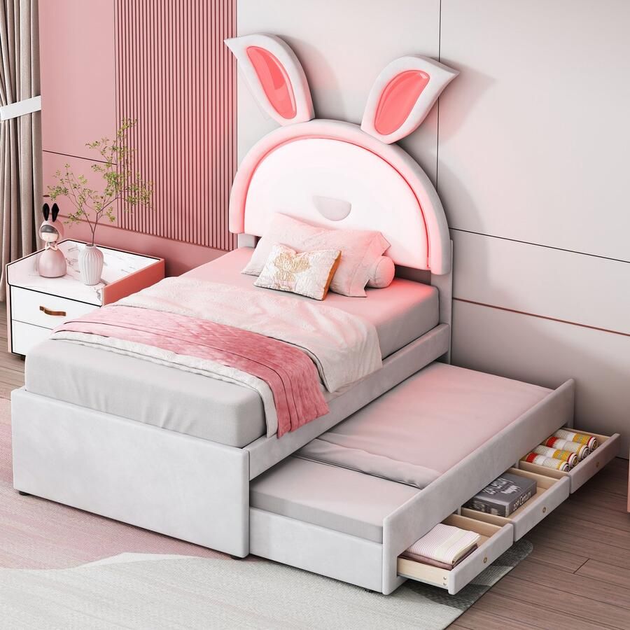 Sweiko Kinderbedkussen bed 90 x 200 cm Fluwelen stof multifunctioneel kussen eenpersoonsbed slaapbank met uitschuifbaar bed opberglades en kleurveranderende LED-verlichting Beige kleur