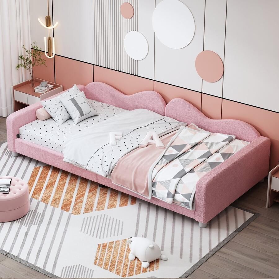 Sweiko Kinderbedkussen bed 90*200cm Slaapbank frame Teddy doek multifunctionele rugleuning armleuning zacht bed jeugdbed gastenbed Roze