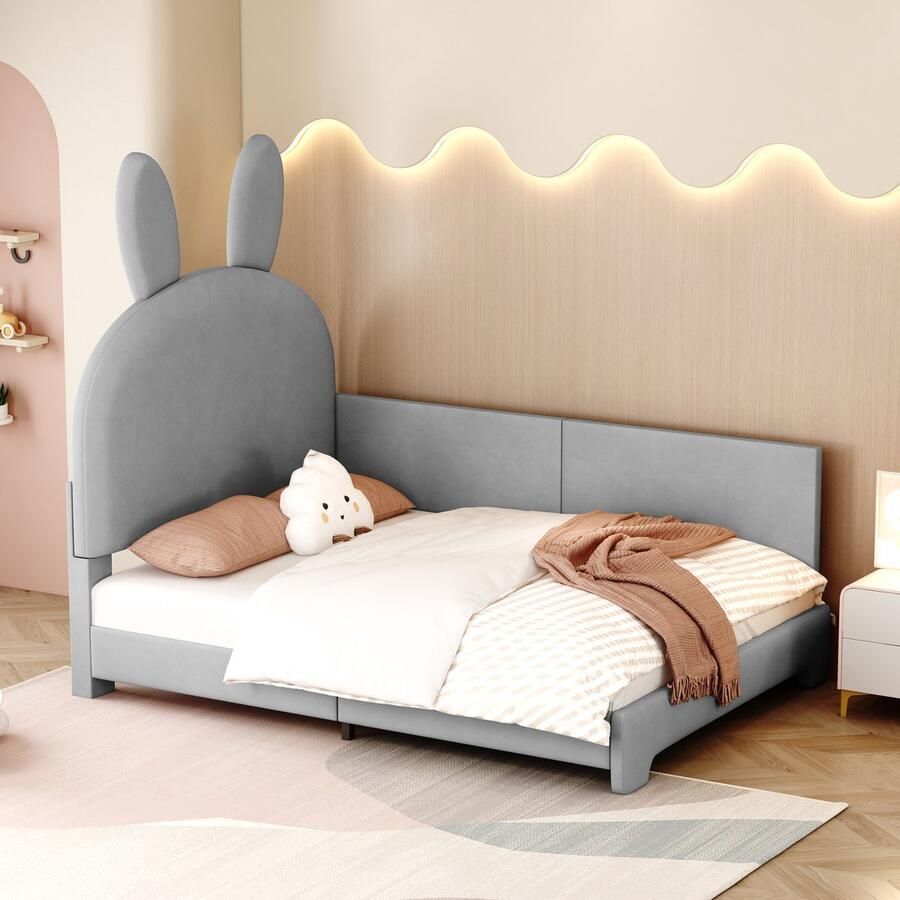 Sweiko Kinderbedkussen bed 90x200cm Heerlijk Konijnenhoofd Fluwelen Stof met verlengde veiligheidsrugleuning slaapbank ouder kinderbed jeugdbed gastenbed met platte noedelsvoet Grijs (Geen matras)