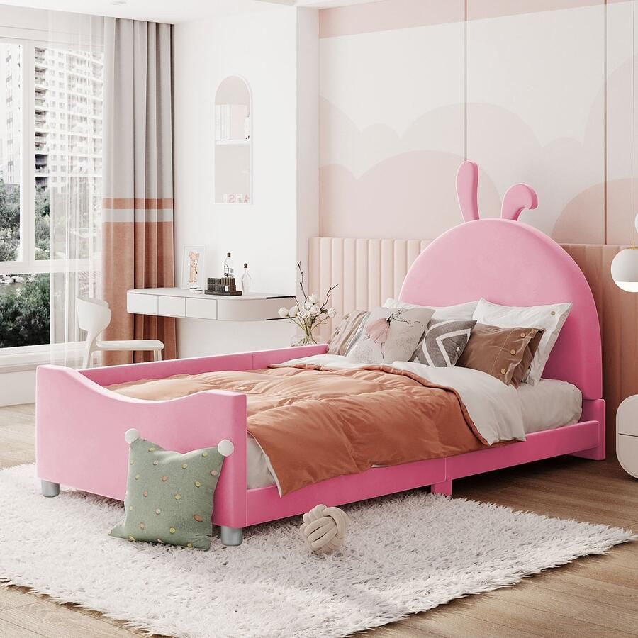 Sweiko Kinderbedkussen bed 90x200cm Slaapbank frame multifunctionele rugleuning zachte bed armleuning ouder-kind bed jeugdbed gastenbed Roze