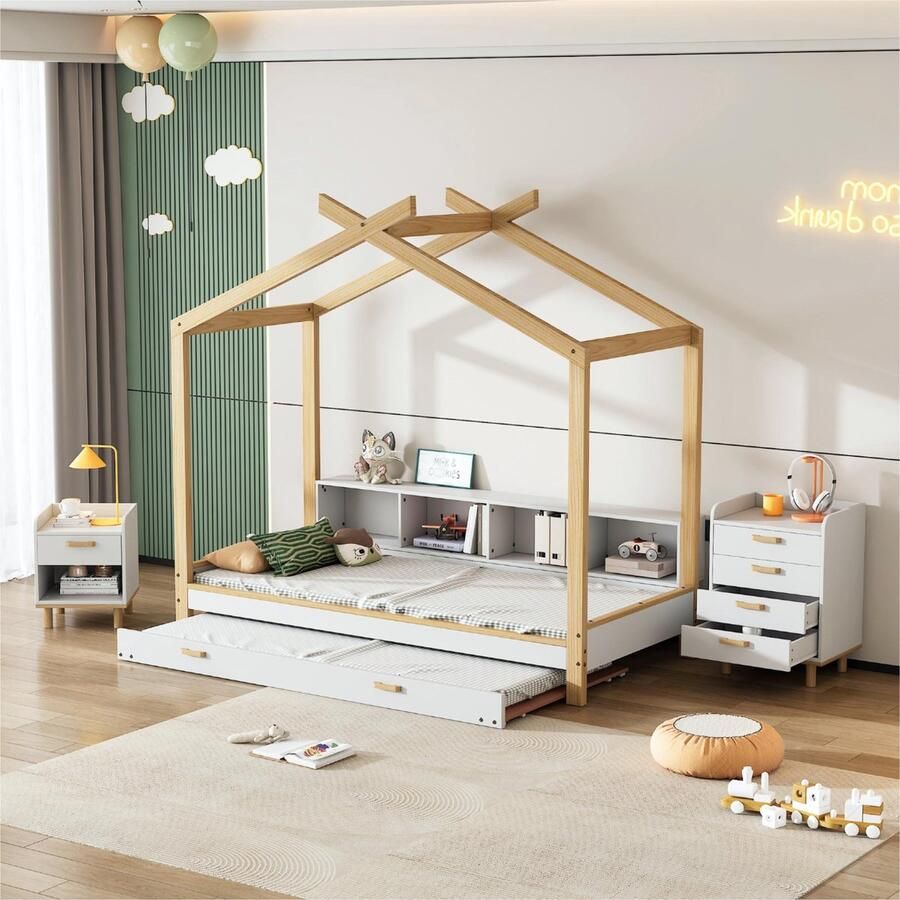 Sweiko Kinderkamercombinatie Complete Slaapkamerset Huisbed+Nachtkastje+Commode Kinderbed met vier compartimenten planken en neerklapbed Nachtkastje met 1-lade en één compartiment Wit en naturel
